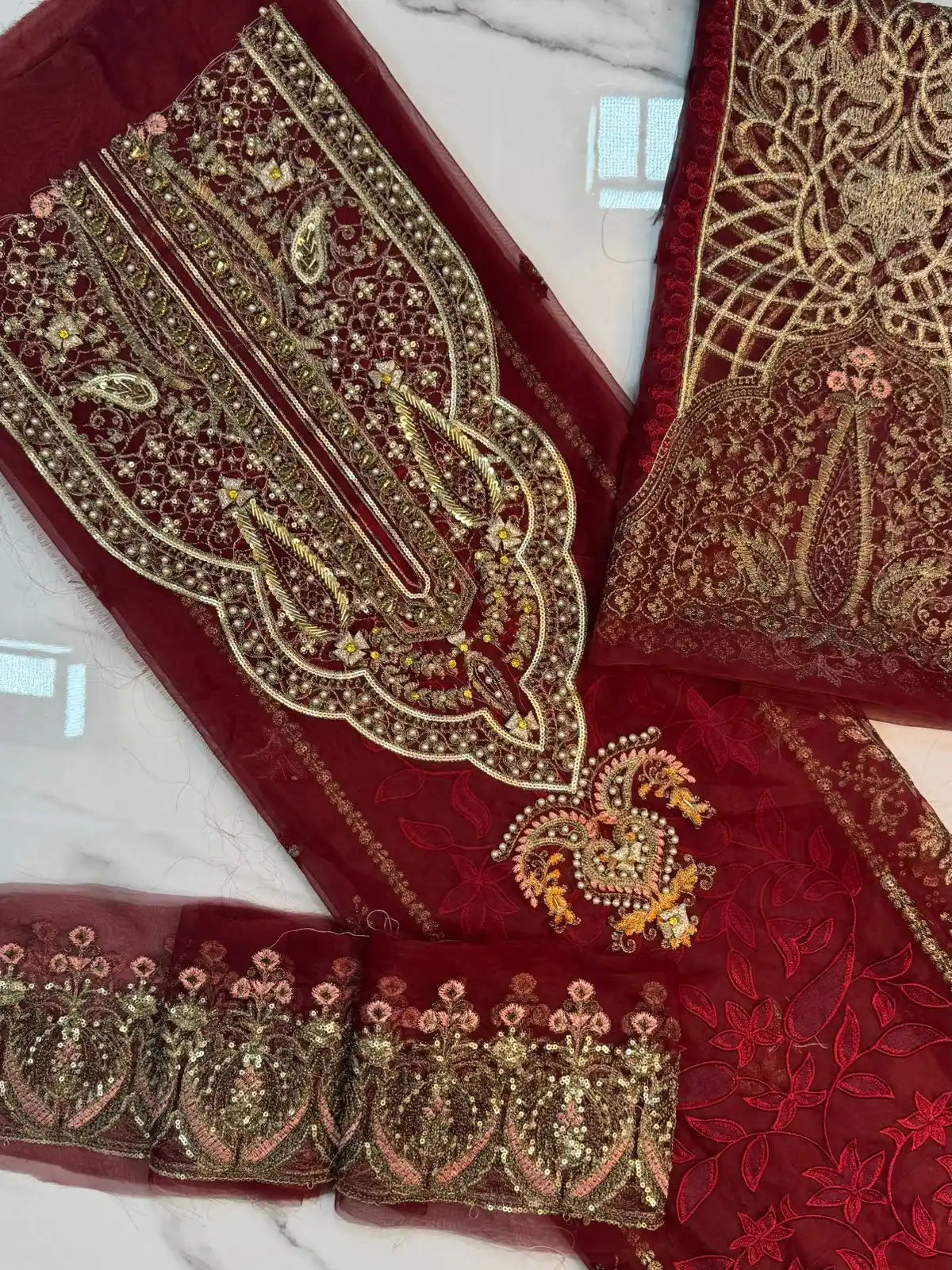 4PC ORGANZA MEHROON FANCY SUIT FULLY HANDMADE WORK