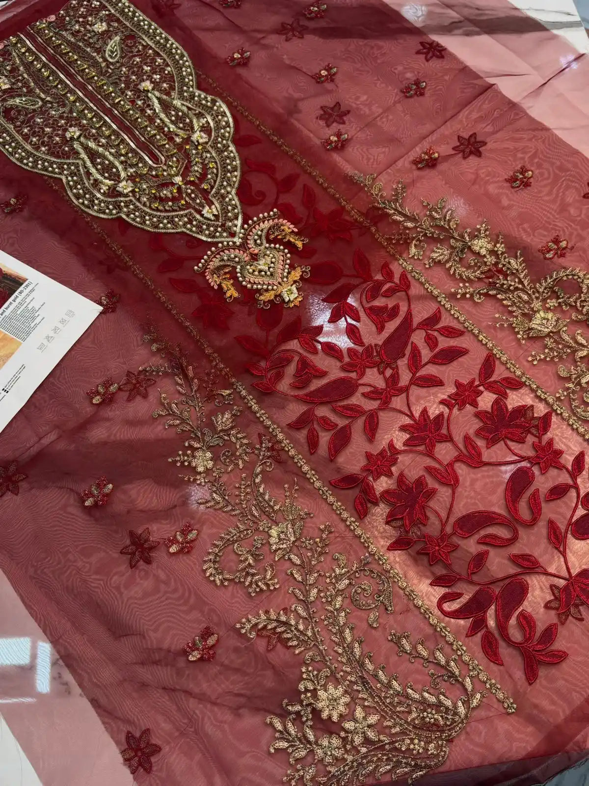 4PC ORGANZA MEHROON FANCY SUIT FULLY HANDMADE WORK