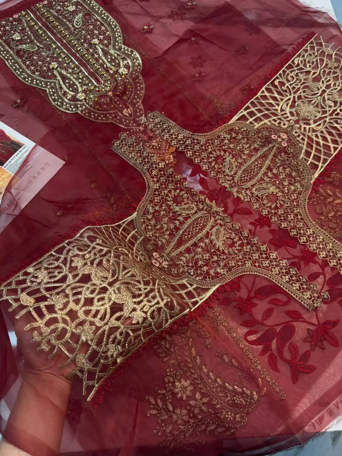 4PC ORGANZA MEHROON FANCY SUIT FULLY HANDMADE WORK