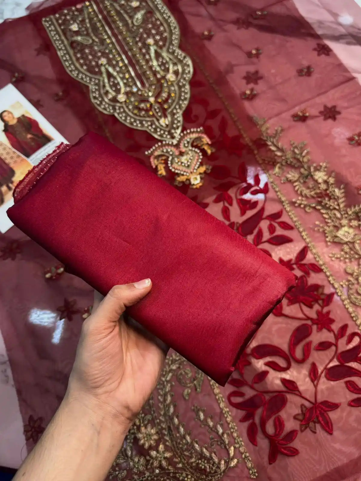 4PC ORGANZA MEHROON FANCY SUIT FULLY HANDMADE WORK