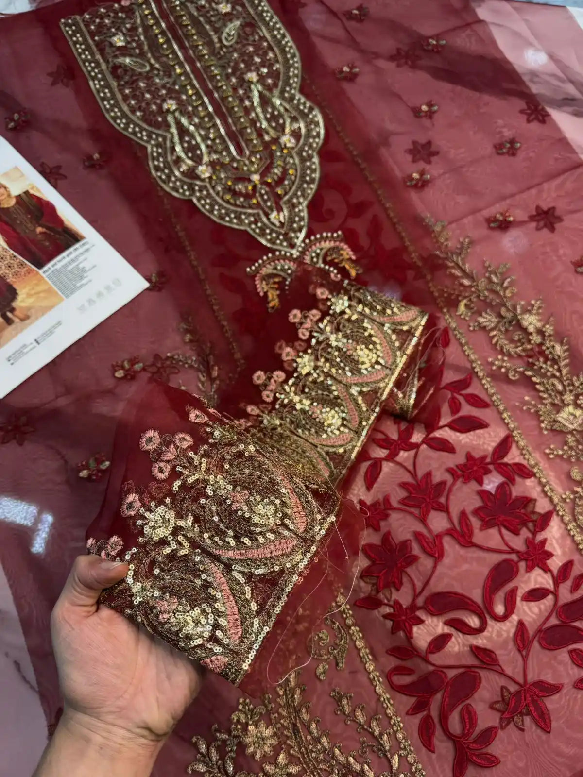 4PC ORGANZA MEHROON FANCY SUIT FULLY HANDMADE WORK