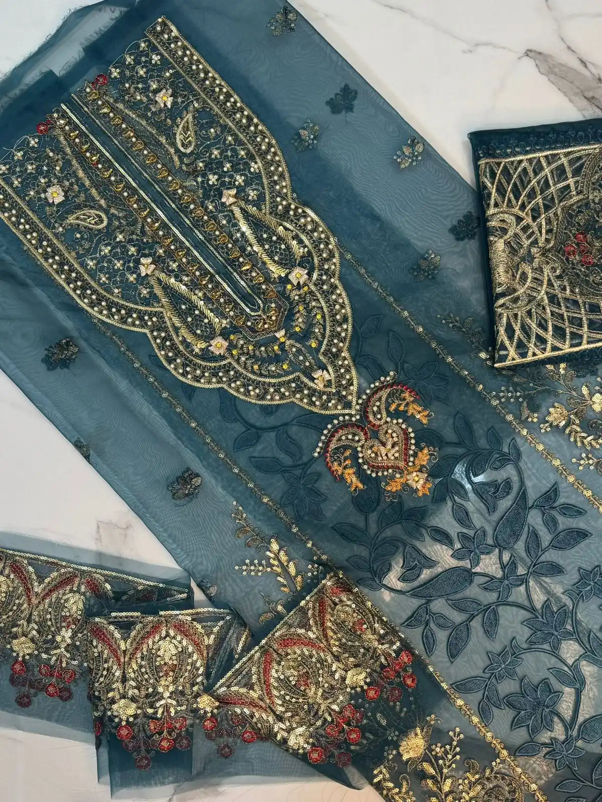 4PC ORGANZA ZINC FANCY SUIT FULLY HANDMADE WORK