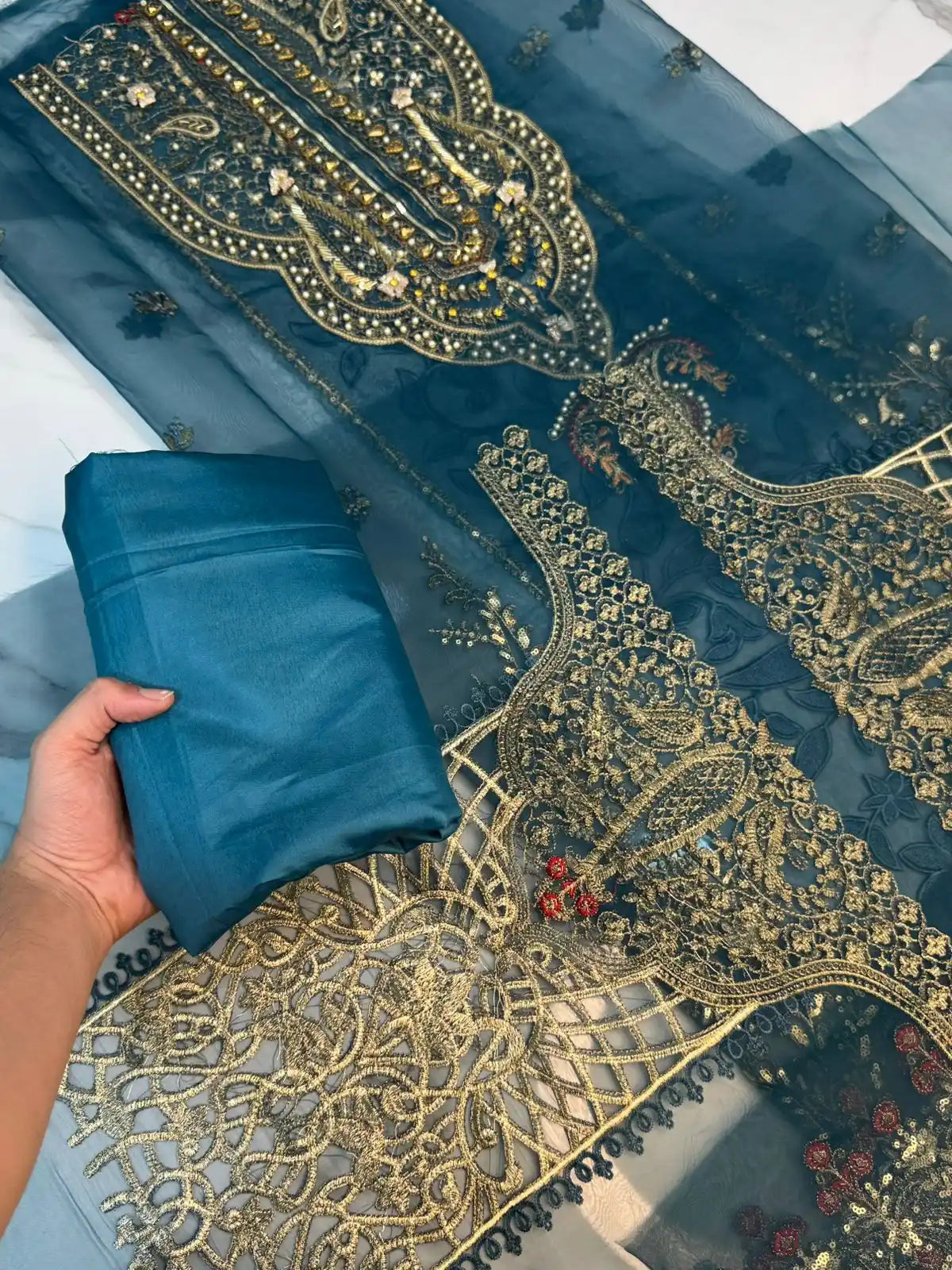 4PC ORGANZA ZINC FANCY SUIT FULLY HANDMADE WORK