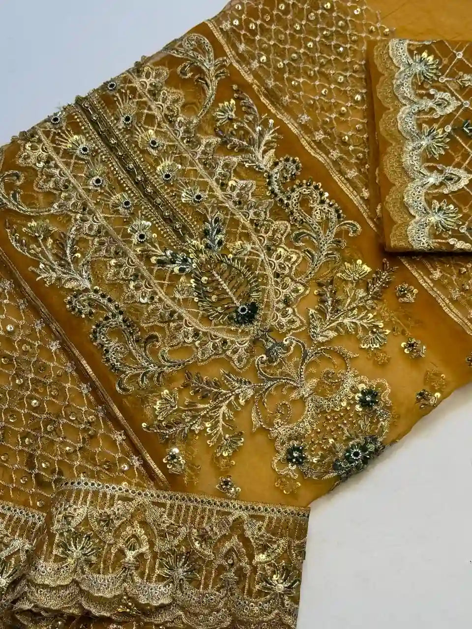 4PC MUSTARD FANCY HEAVY EMBROIDERY WORK PREMIUM STUFF