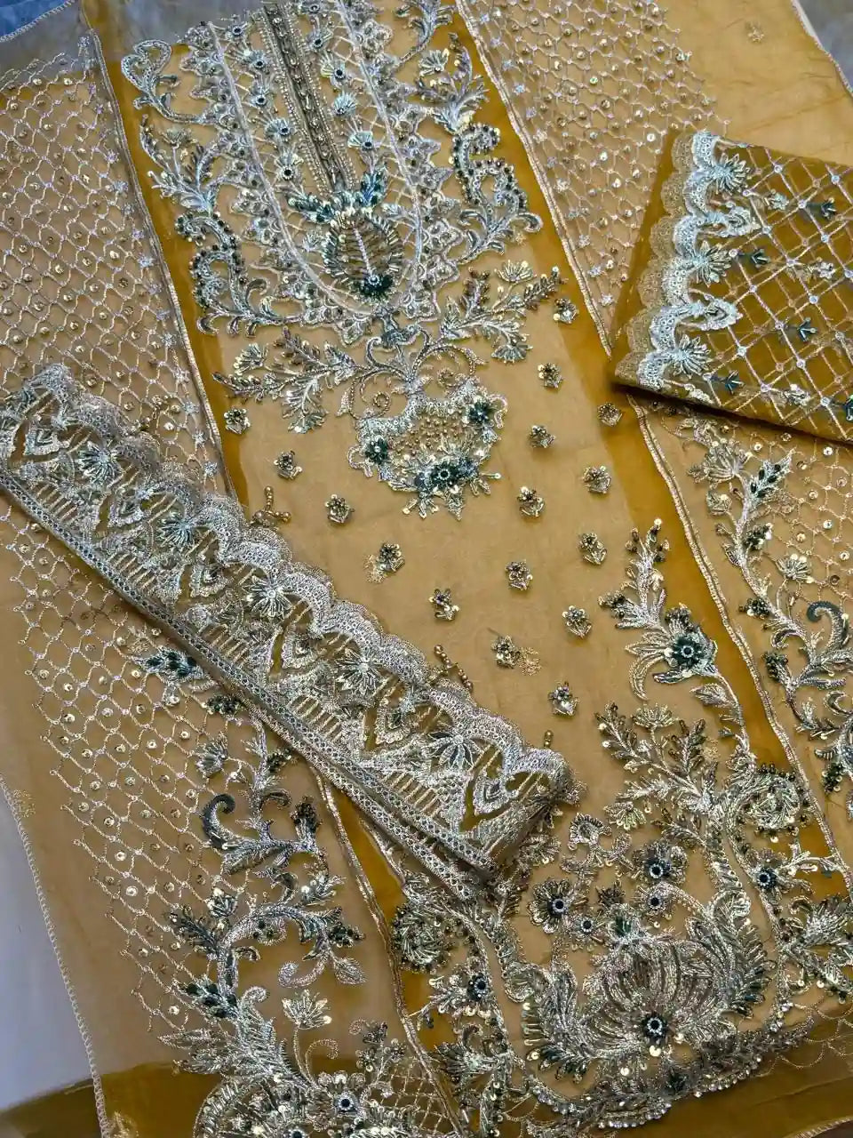 4PC MUSTARD FANCY HEAVY EMBROIDERY WORK PREMIUM STUFF