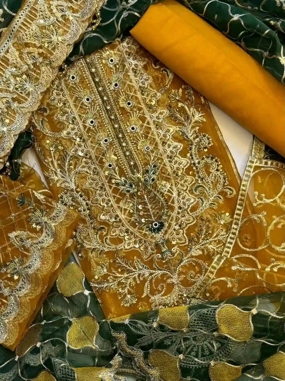 4PC MUSTARD FANCY HEAVY EMBROIDERY WORK PREMIUM STUFF