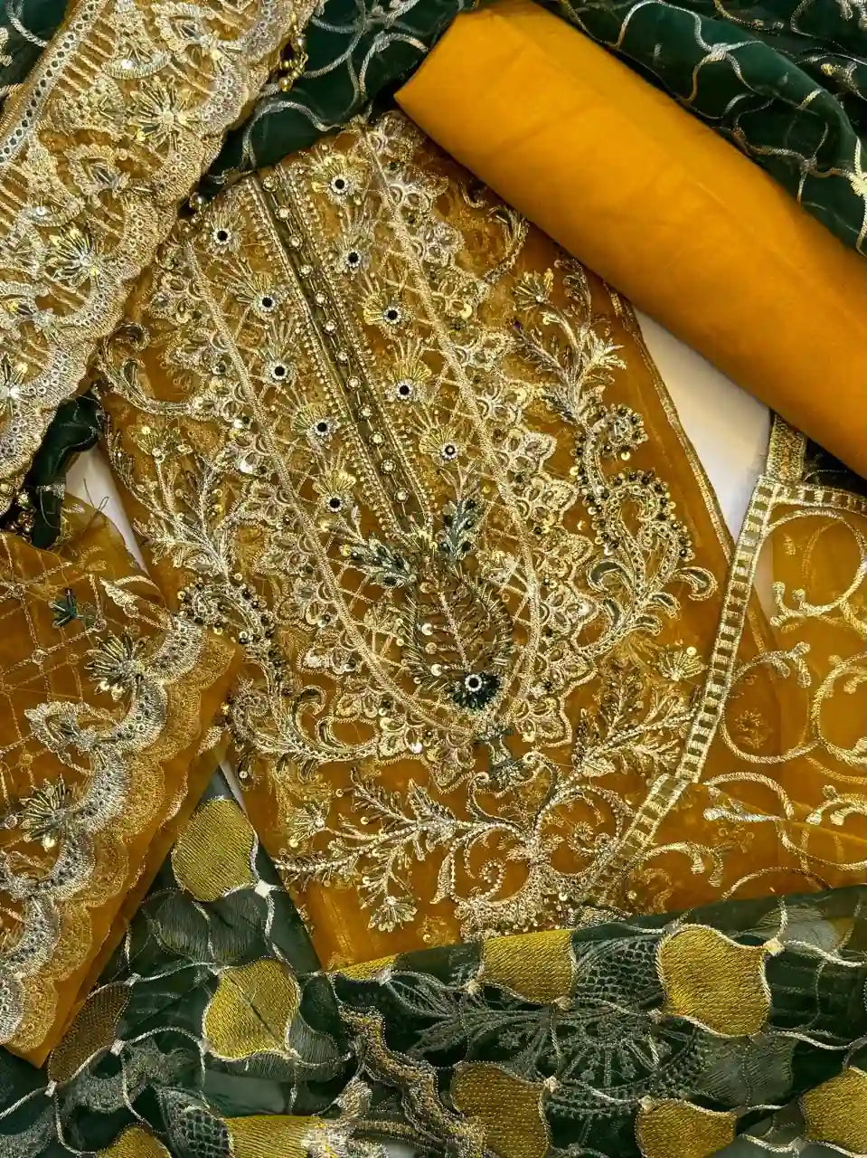 4PC MUSTARD FANCY HEAVY EMBROIDERY WORK PREMIUM STUFF