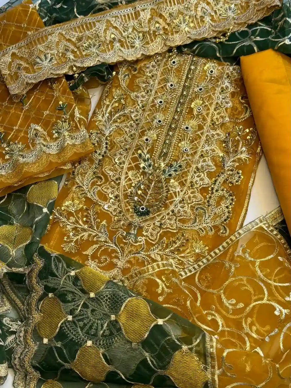4PC MUSTARD FANCY HEAVY EMBROIDERY WORK PREMIUM STUFF