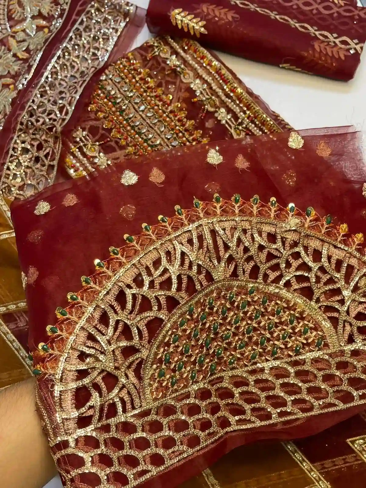 4PC MEHROON BRANDED FANCY SUIT FULLY EMBROIDERED WORK