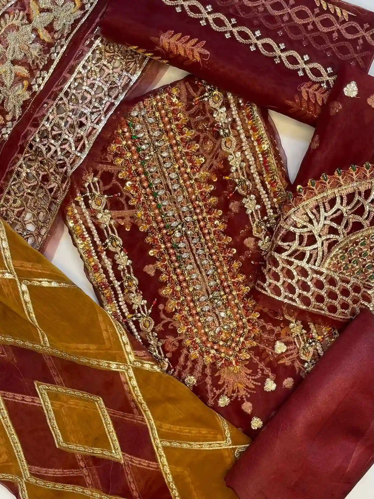 4PC MEHROON BRANDED FANCY SUIT FULLY EMBROIDERED WORK