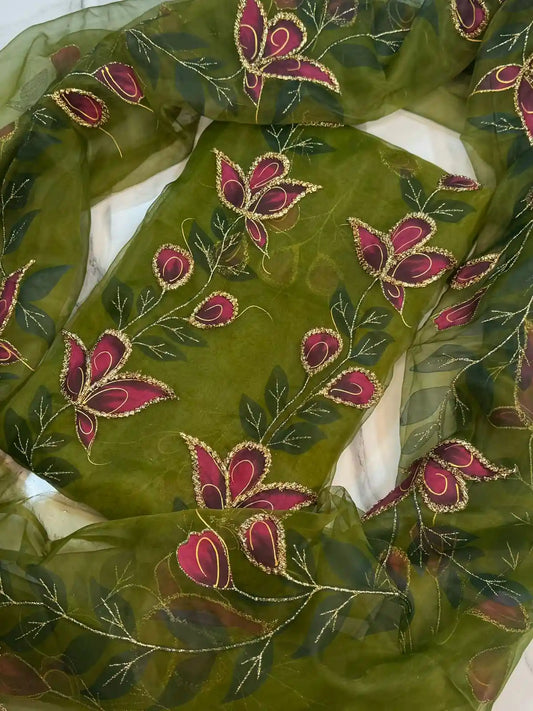 4PC MEHNDI ORGANZA HEAVY HAND PAINT FULLY GOTTA WORK