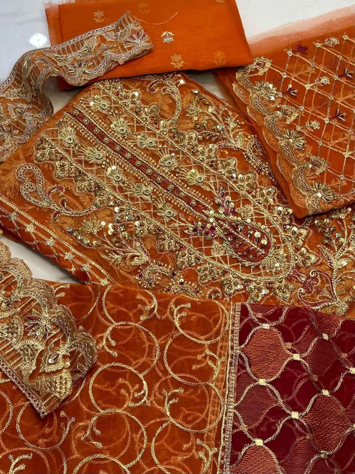 4PC ORANGE FANCY HEAVY EMBROIDERY WORK PREMIUM STUFF