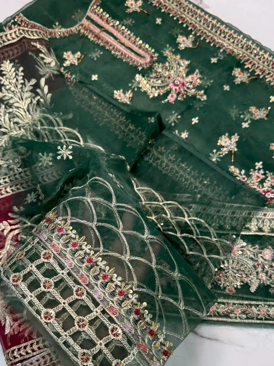4PC BOTTLE GREEN FANCY HEAVY EMBROIDERY. WORK