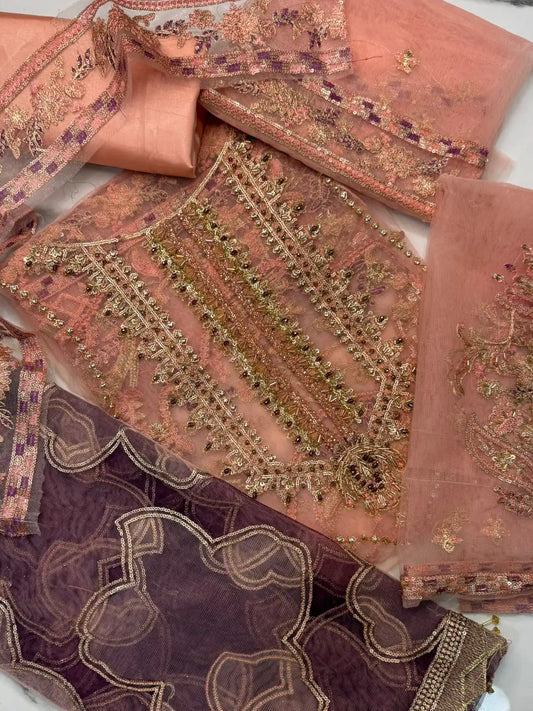 4PC PEACH BRANDED FANCY SUIT FULLY EMBROIDERED WORK