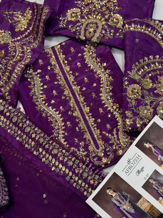 4PC RAW SILK FANCY SUIT FULLY EMBROIDERED WORK