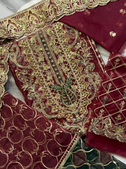 4PC MEHROON FANCY HEAVY EMBROIDERY WORK