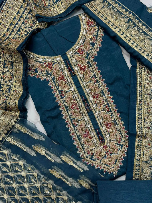 4PC RAW SILK FANCY SUIT FULLY EMBROIDERED WORK