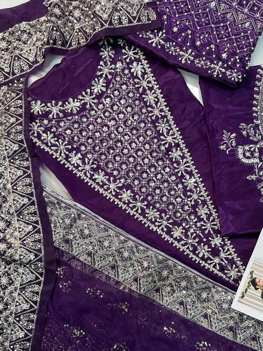 4PC PURPLE RAW SILK FANCY SUIT FULLY EMBROIDERED WORK