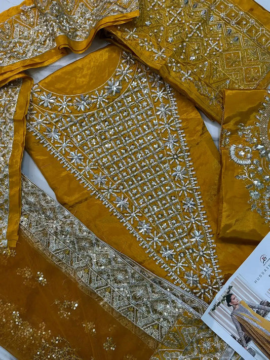 4PC MUSTARD RAW SILK FANCY SUIT FULLY EMBROIDERED WORK