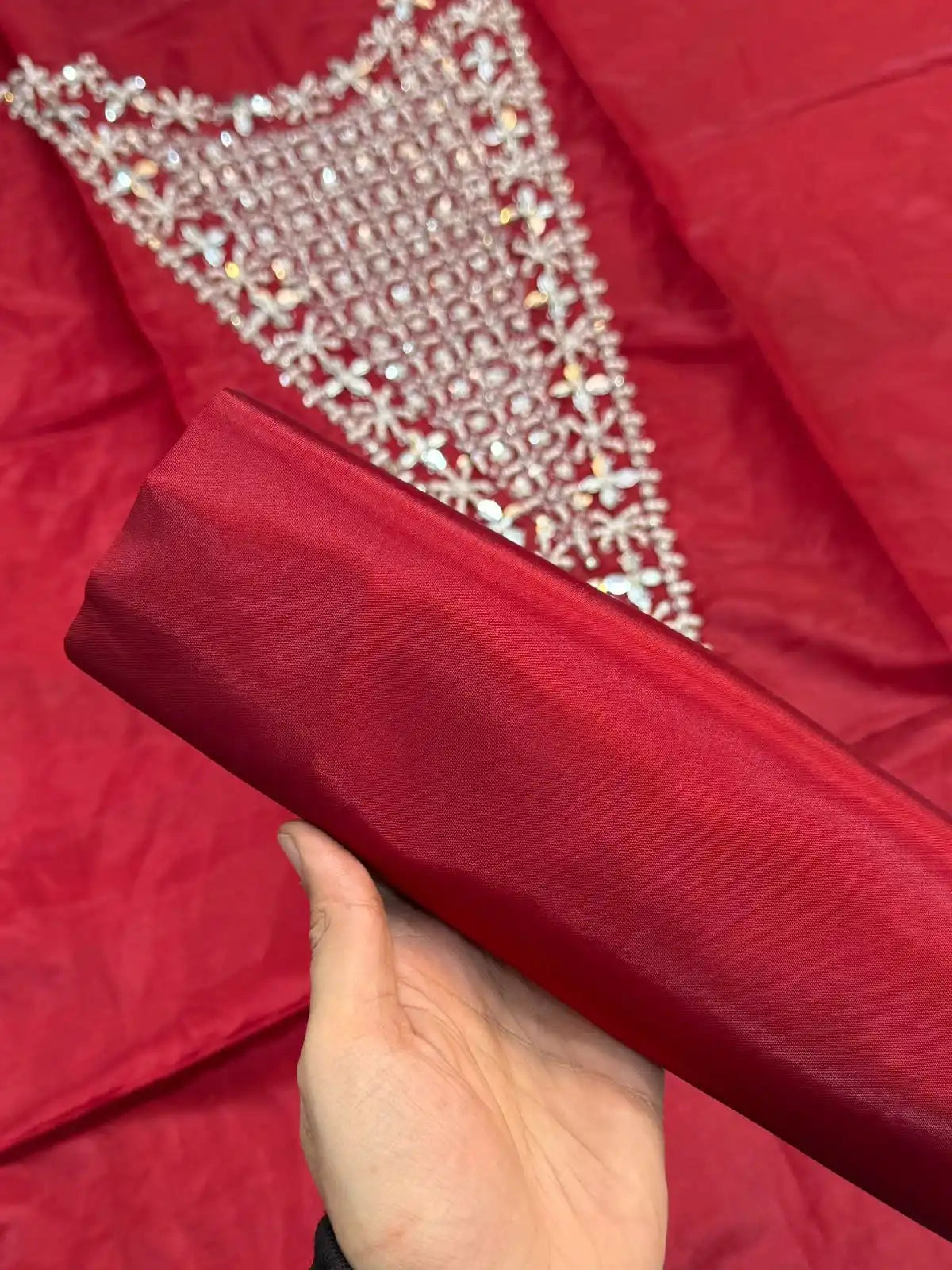 4PC RED RAW SILK FANCY SUIT FULLY EMBROIDERED WORK