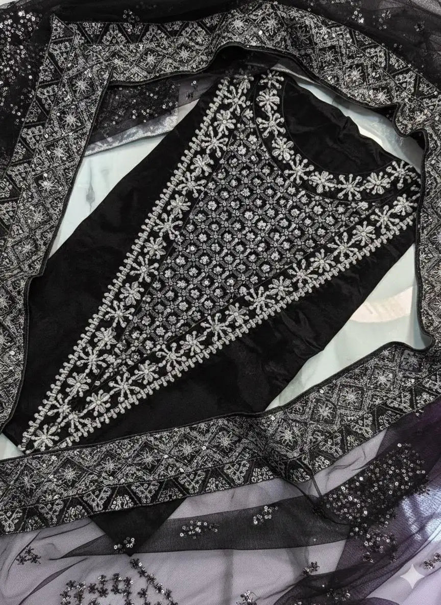 4PC BLACK RAW SILK FANCY SUIT FULLY EMBROIDERED WORK