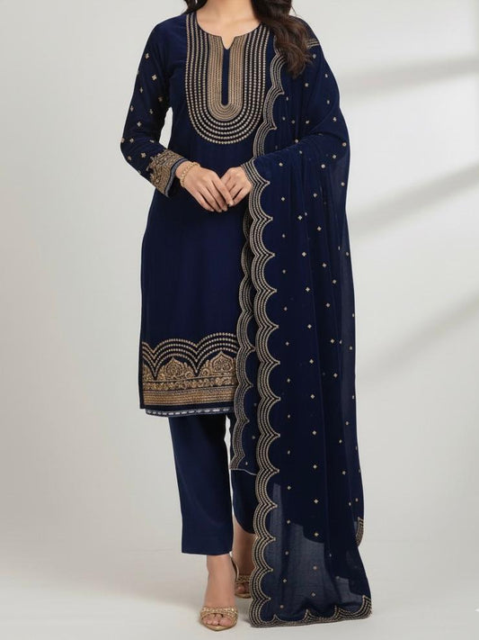 3PC BLUE PURE VELVET FANCY HEAVY EMBROIDERED
