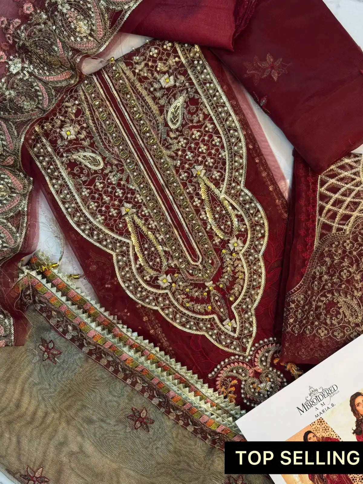 4PC ORGANZA MEHROON FANCY SUIT FULLY HANDMADE WORK