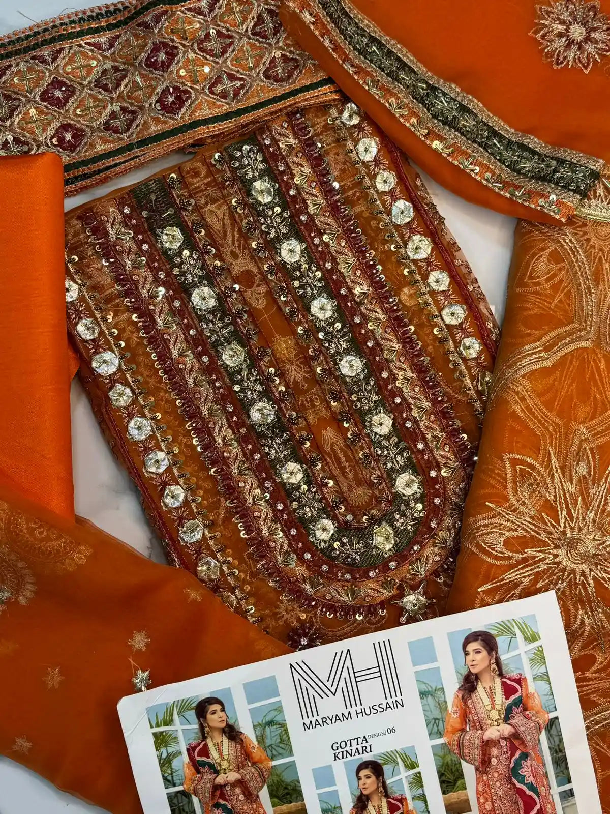4PC ORANGE BRANDED FANCY SUIT FULLY EMBROIDERED WORK