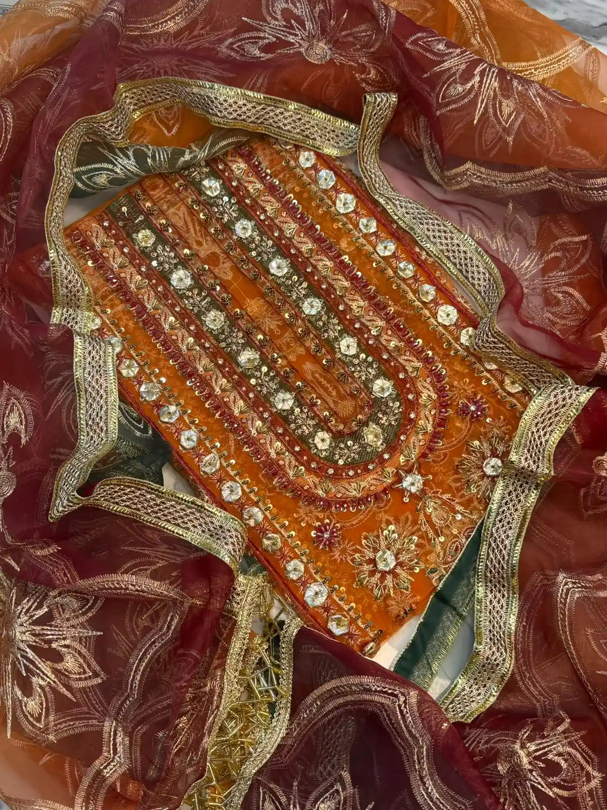 4PC ORANGE BRANDED FANCY SUIT FULLY EMBROIDERED WORK