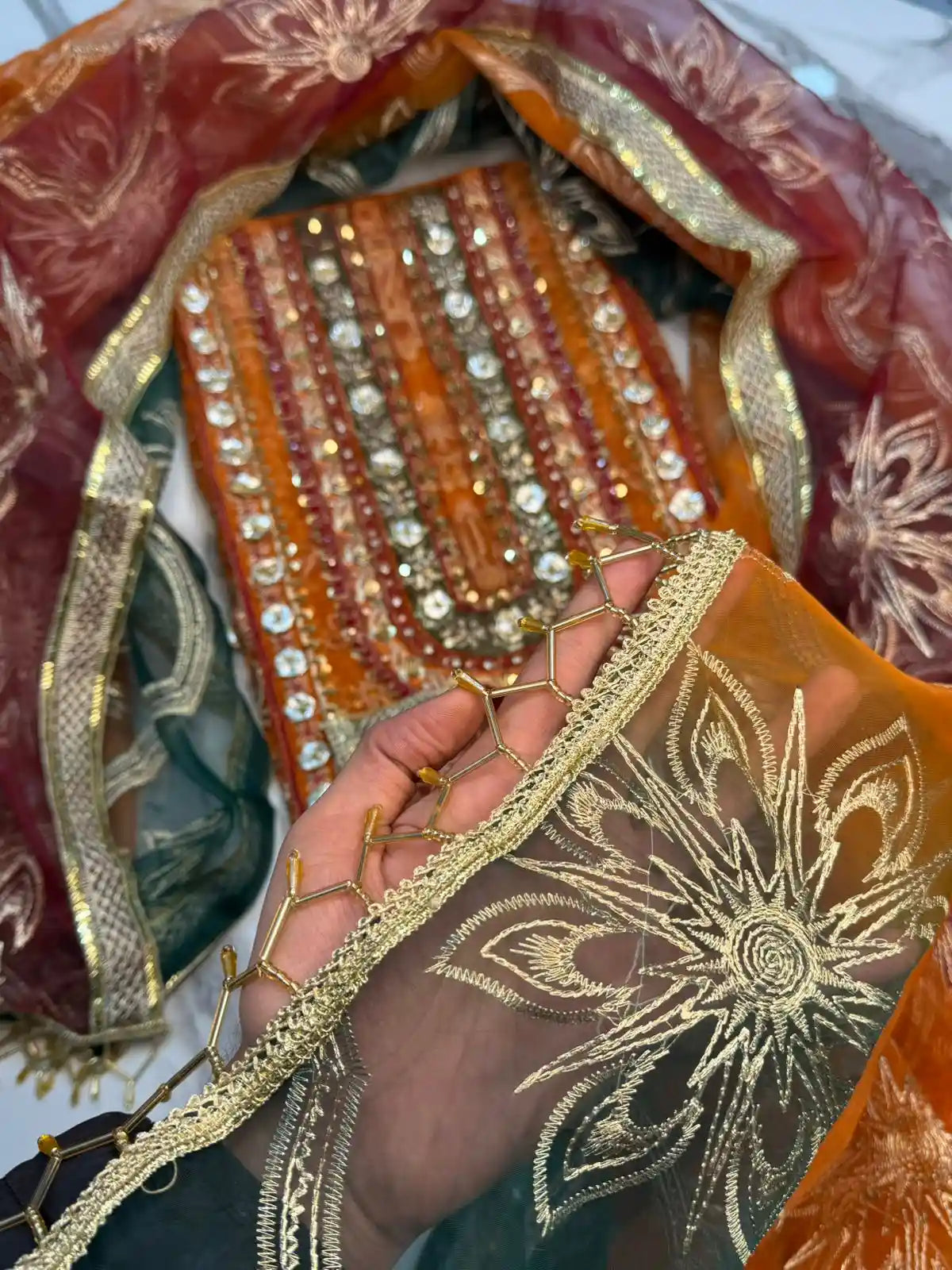 4PC ORANGE BRANDED FANCY SUIT FULLY EMBROIDERED WORK