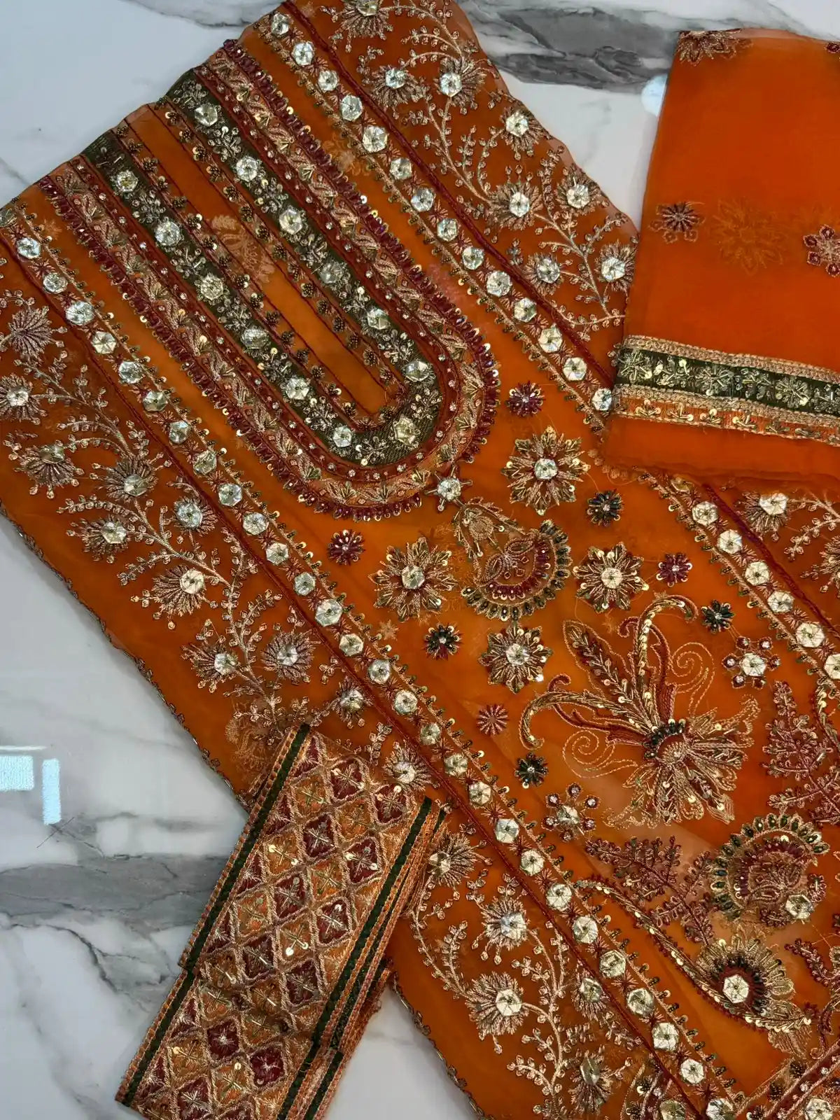 4PC ORANGE BRANDED FANCY SUIT FULLY EMBROIDERED WORK