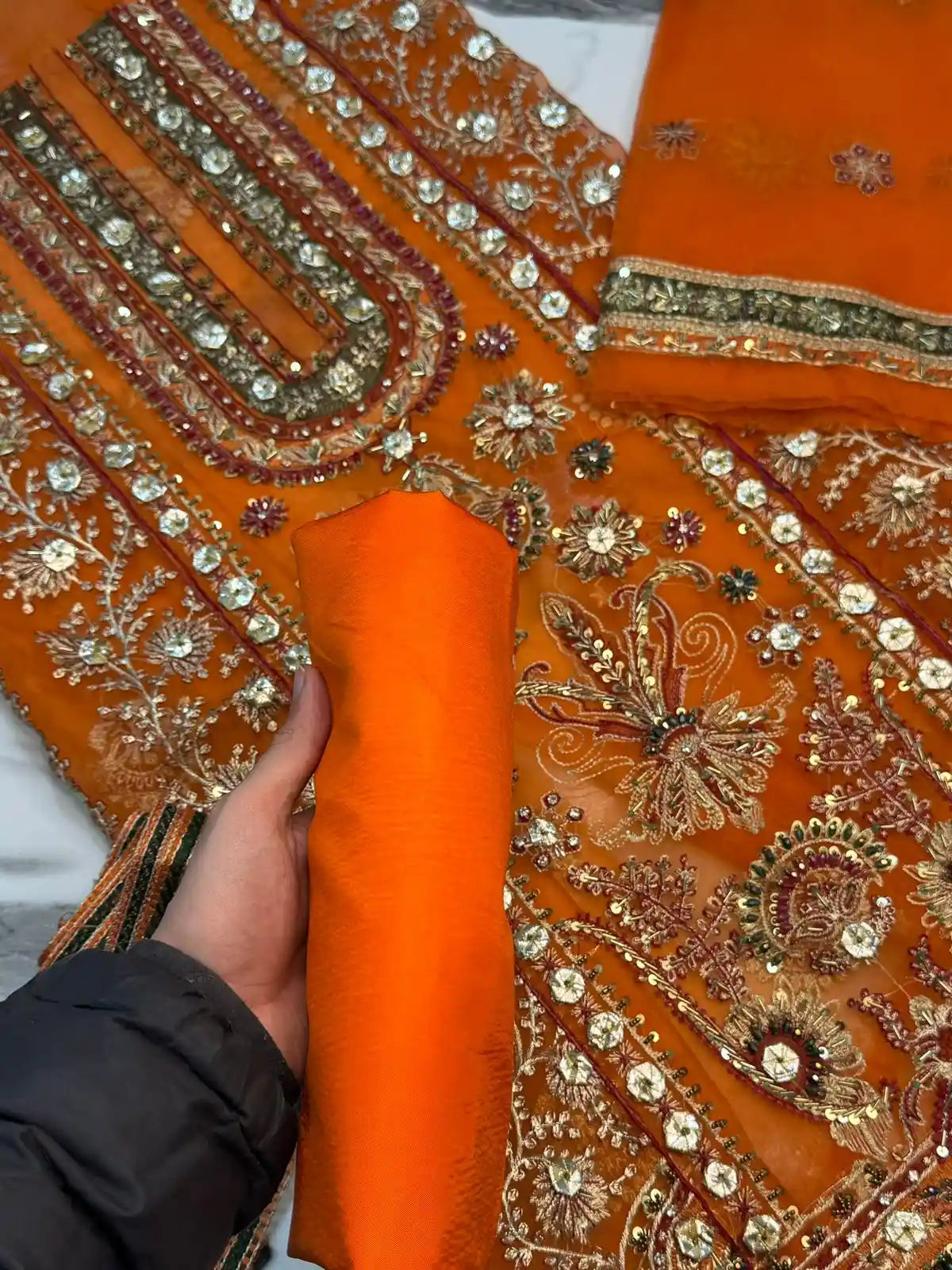 4PC ORANGE BRANDED FANCY SUIT FULLY EMBROIDERED WORK