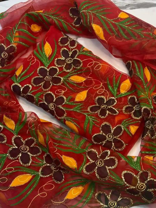 4PC RED ORGANZA HEAVY HAND PAINT FULLY GOTTA WORK