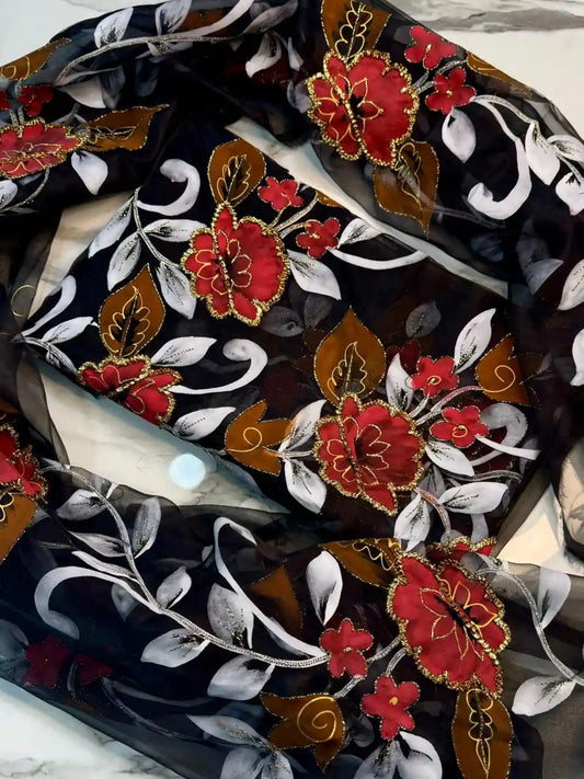 4PC BLACK ORGANZA HEAVY HAND PAINT FULLY GOTTA WORK