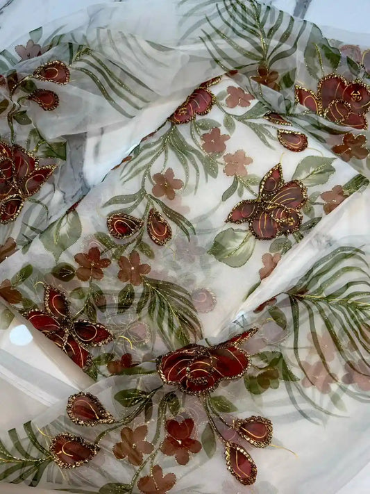 4PC WHITE ORGANZA HEAVY HAND PAINT FULLY GOTTA WORK