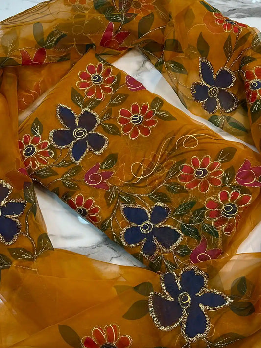 4PC MUSTARD ORGANZA HEAVY HAND PAINT FULLY GOTTA WORK