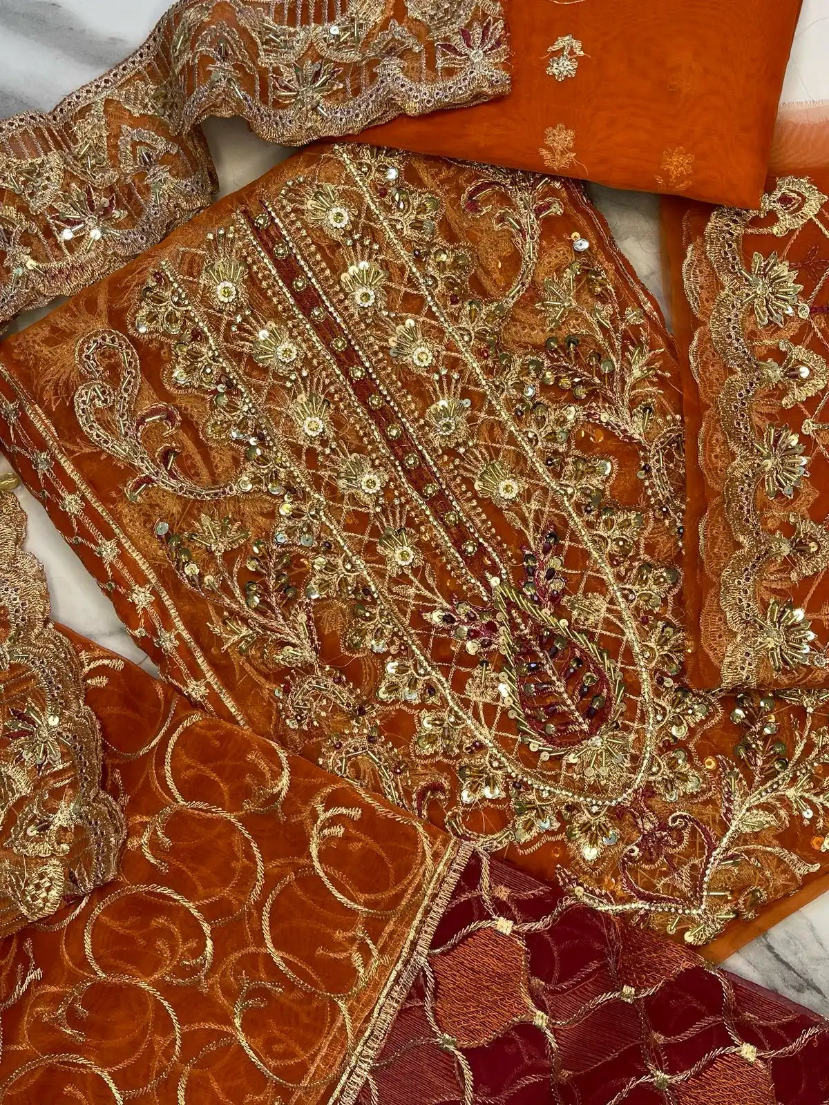 4PC ORANGE FANCY HEAVY EMBROIDERY WORK PREMIUM STUFF