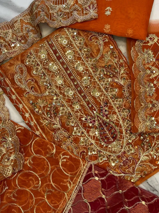 4PC ORANGE FANCY HEAVY EMBROIDERY WORK PREMIUM STUFF