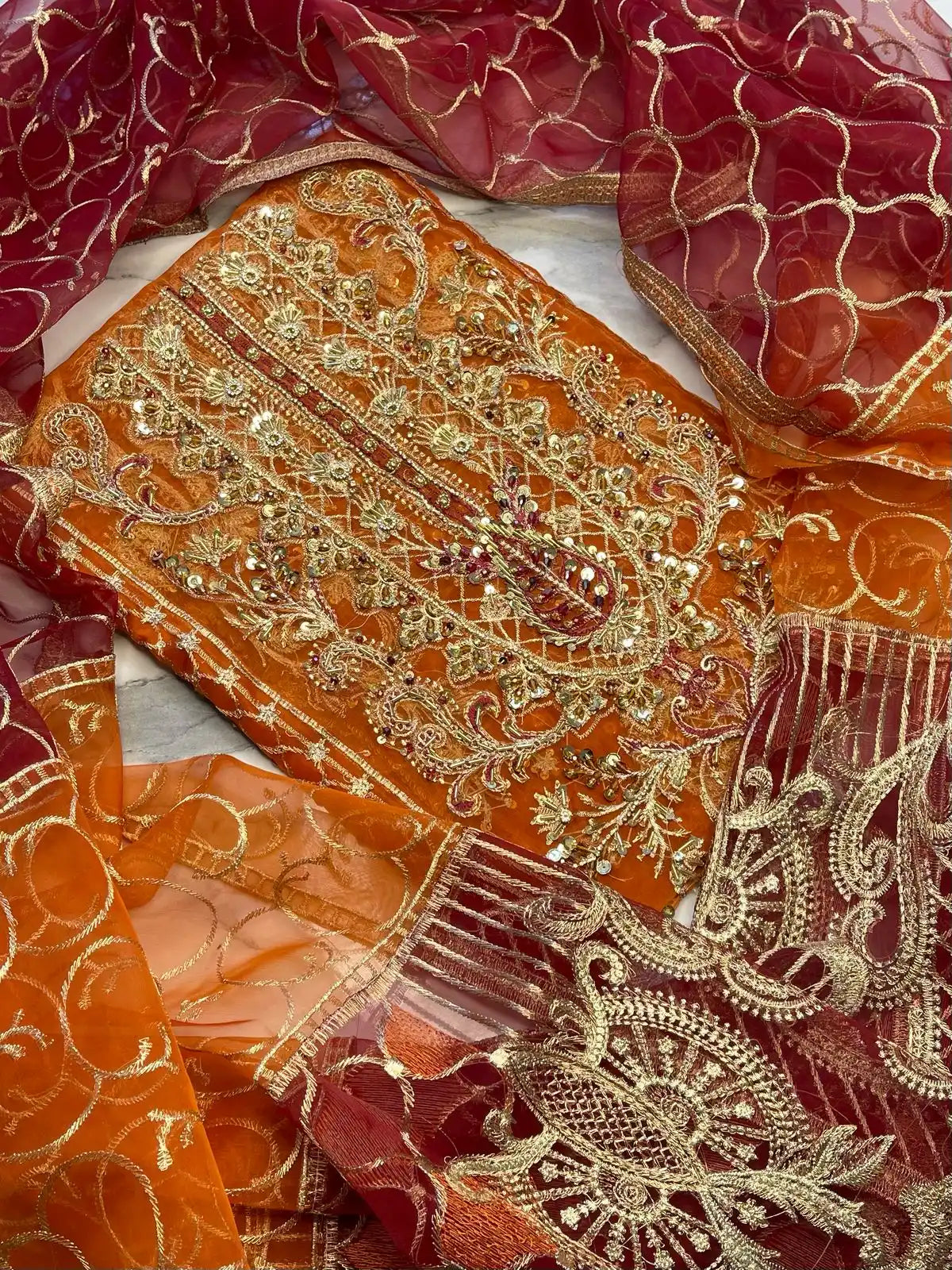 4PC ORANGE FANCY HEAVY EMBROIDERY WORK PREMIUM STUFF