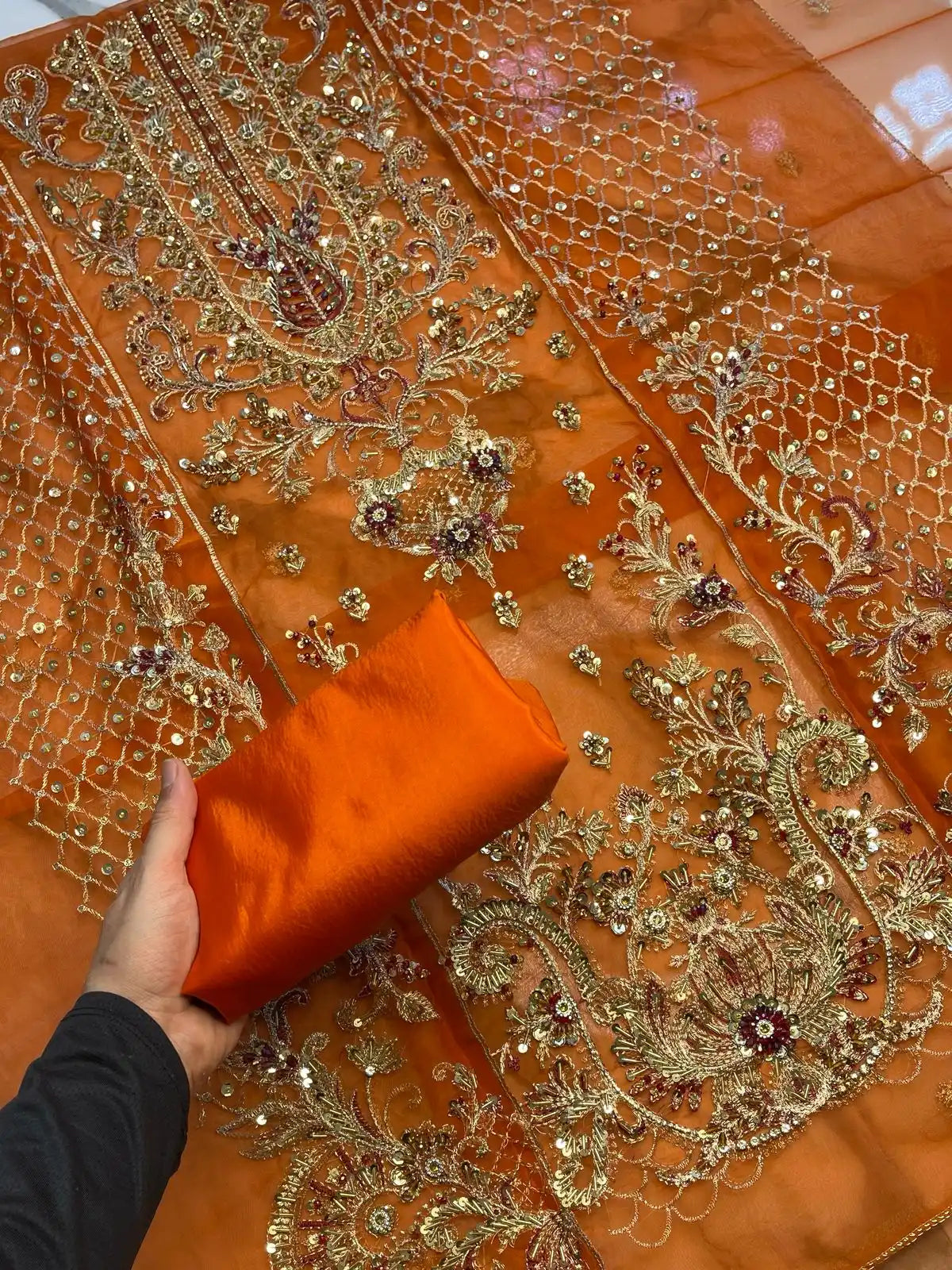 4PC ORANGE FANCY HEAVY EMBROIDERY WORK PREMIUM STUFF