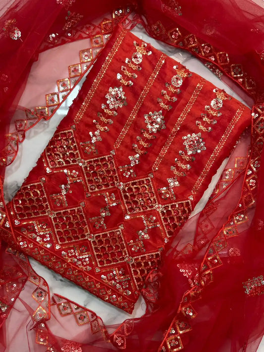 4PC SHEESHA SILK FANCY SUIT HEAVY EMBROIDERY WORK