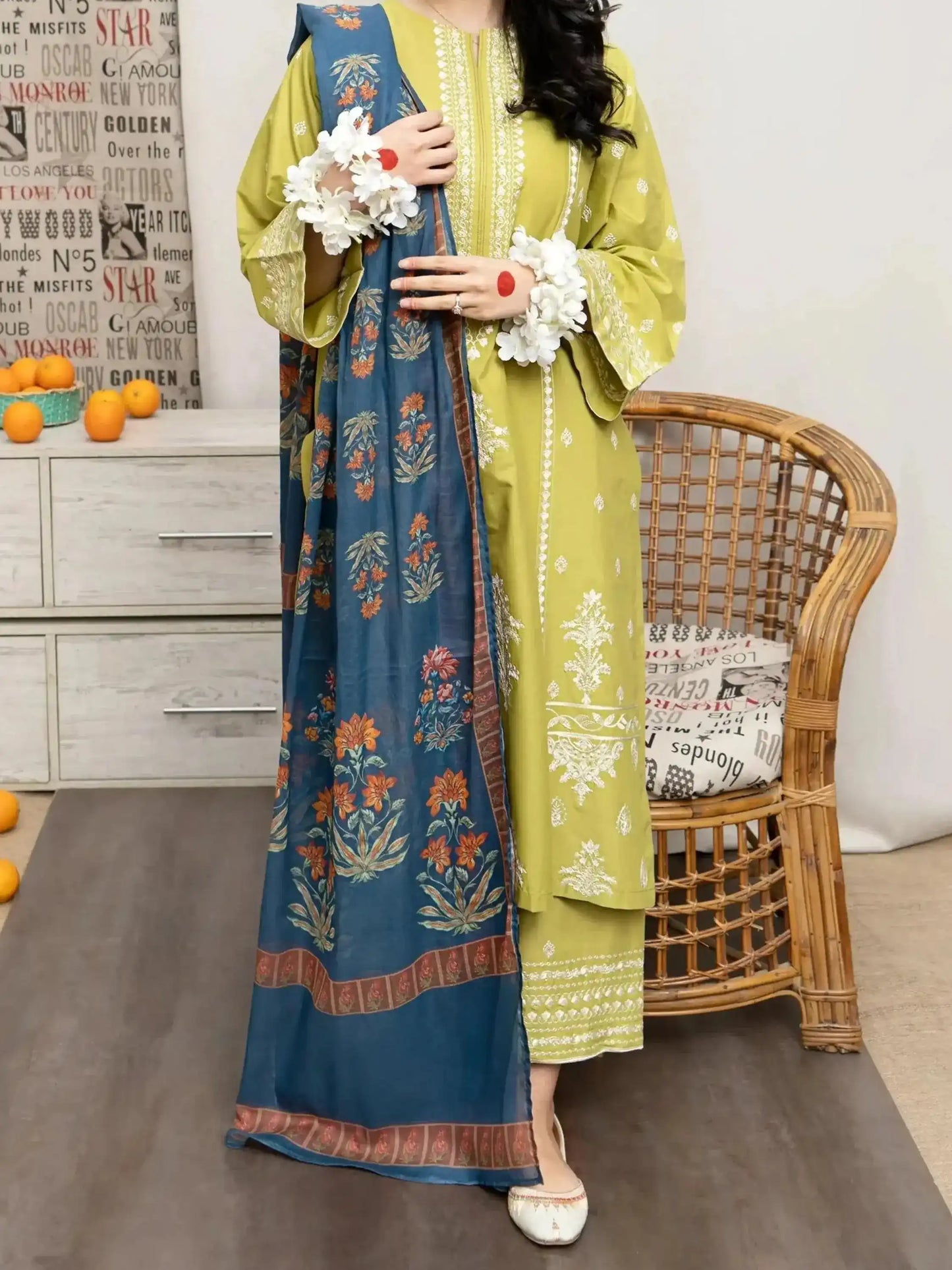 3PC PURE DHANAK HEAVY EMBROIDERED