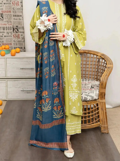 3PC PURE DHANAK HEAVY EMBROIDERED