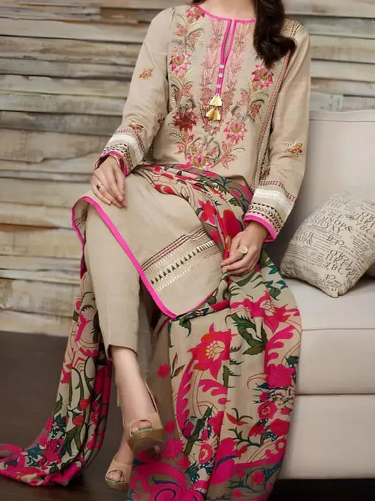 3PC PURE DHANAK HEAVY EMBROIDERED