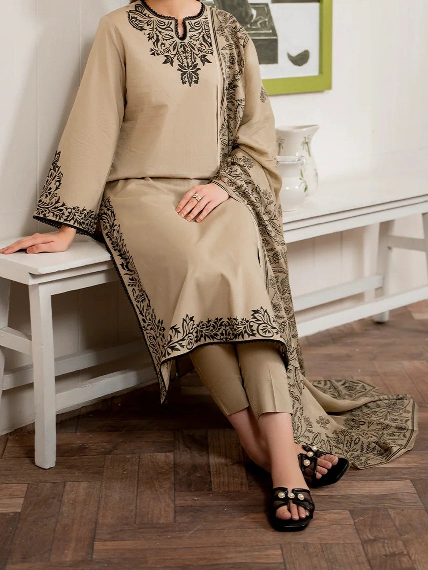 3PC PURE DHANAK HEAVY EMBROIDERED