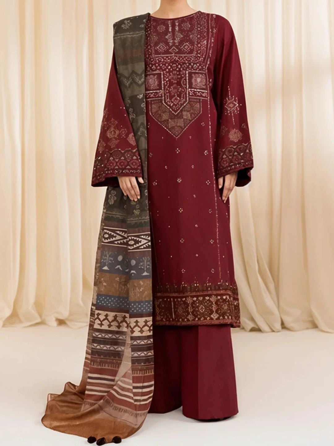 3PC PURE DHANAK HEAVY EMBROIDERED