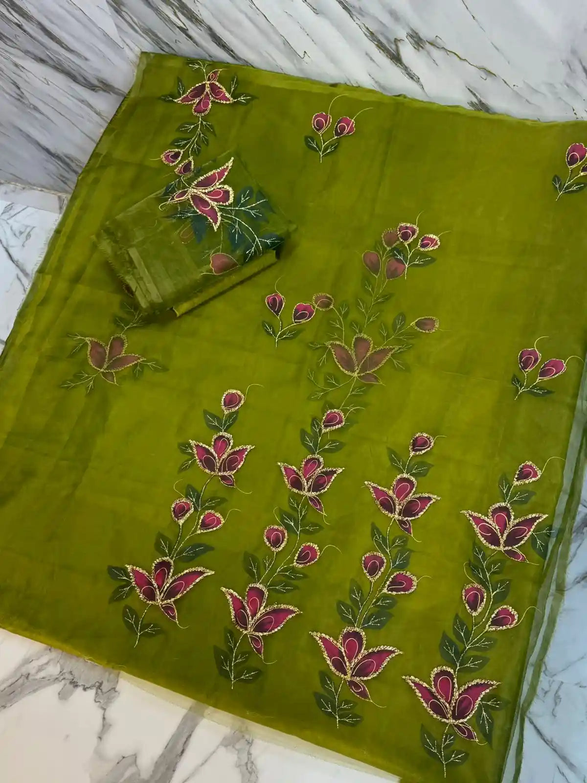 4PC MEHNDI ORGANZA HEAVY HAND PAINT FULLY GOTTA WORK