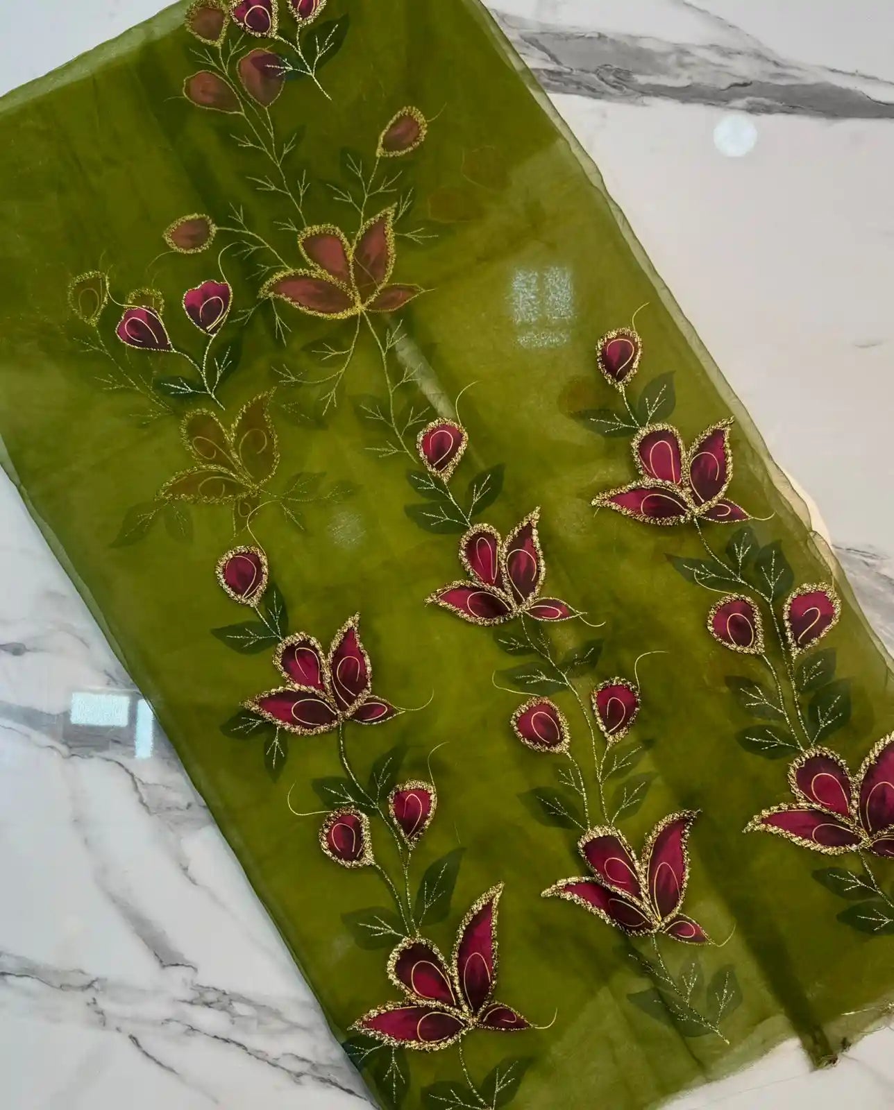 4PC MEHNDI ORGANZA HEAVY HAND PAINT FULLY GOTTA WORK