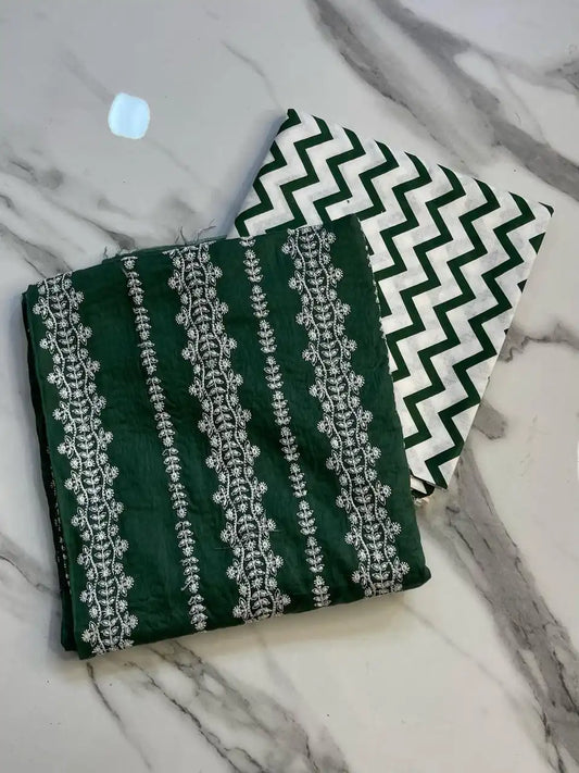 2PC LAWN GREEN CHICKEN KAARI EMBROIDERED