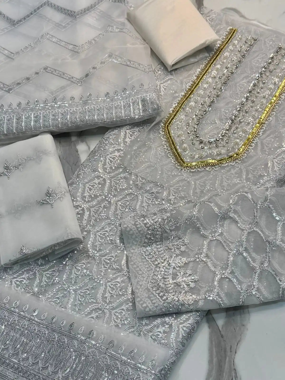 4PC SILVER FANCY HEAVY EMBROIDERY WORK